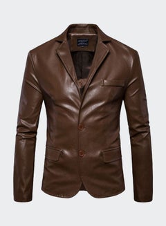 Buy Long Sleeve Leather Jacket Brown in Saudi Arabia
