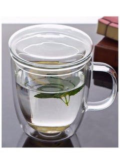 اشتري Double Wall Glass Tea Cup With Handle And Cup Lid Clear في الامارات