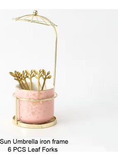 Buy 6-pieces Leaf Forks Ceramic Pot With Iron Stand Pink 9.3x23cm in UAE