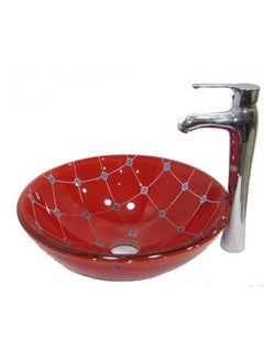 Buy 2-Piece Decorative Glass Wash Basin With Cold And Hot Mixer Set Red/Blue/Silver in Egypt