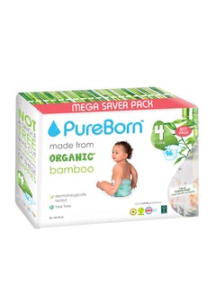 Buy Organic Bamboo Baby Diapers, Size 4, 7 - 12 Kg, 96 Count - Mega Saver Pack, Grapefruit in UAE