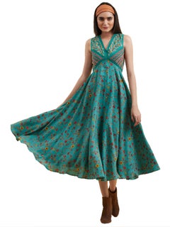 Buy V Neck Floral Printed Long Dress Green in UAE