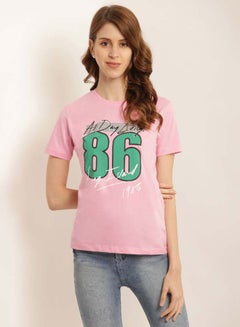 Buy Printed Round Neck Casual Wear T-Shirt Light Pink in Saudi Arabia