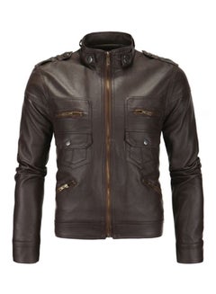Buy Long Sleeve Leather Jacket Dark Brown in UAE