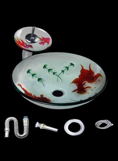 Buy Fish Printed Glass Wash Basin With Hot And Cold Mixer Set White/Red 40cm in Egypt