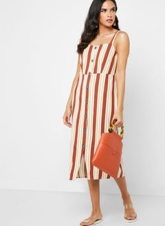 Buy Button Through Square Neck Dress Brown/Beige in UAE