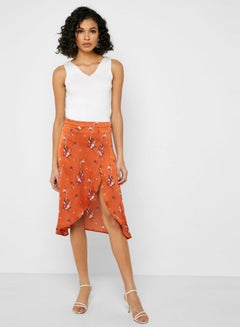Buy Floral Print Midi Skirt Orange/Black/Red in Saudi Arabia