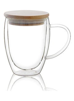 Buy Double Walled Glass Coffee Cups with Handle and  Bamboo Lid Clear 350ml in Saudi Arabia