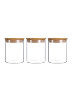 Buy 3 Piece Glass Food Storage Jar  Set With Airtight Bamboo Lid Clear 500ml in UAE