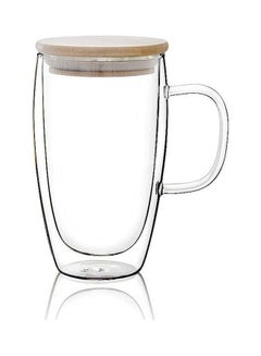 Buy Double Walled Glass Coffee Cups with Handle and Bamboo Lid Clear 450ml in Saudi Arabia