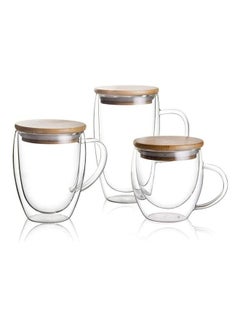 Buy 3 Piece Double Walled Glass Coffee Cups with Handle and Bamboo Lid Clear 250/350/450ml in UAE