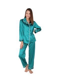 Buy 2-Piece Satin Solid Trim Pyjama Set Emerald in UAE