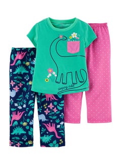 Buy 3-Piece Dinosaur Printed Pyjama Set Green/Pink/Blue in Saudi Arabia