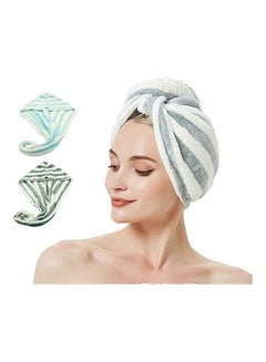 Buy 2-Piece Super Absorbent Hair Towel Wrap Set Blue/Green/white 9.29inch in Saudi Arabia