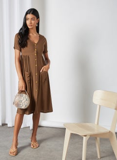 Buy Gather Detail Dress Khaki in Saudi Arabia