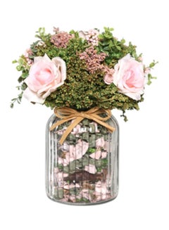 Buy Mix Rose Artificial Flower With Round Glass Vase Pink/Green/Clear 26cm in UAE