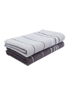 Buy 2-Piece Cotton Striped Bath Towel Grey 140x70cm in Saudi Arabia