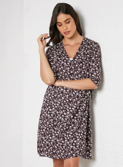 اشتري Side Tie Floral Printed Dress Burgandy/White في السعودية