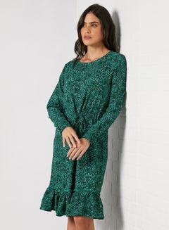 Buy Printed Ruffle Hem Dress Green in UAE