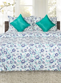 Buy Duvet Cover Set- With 1 Duvet cover 210X200 cm And 2 Pillow Cover 50X75 Cm And 2 Cushion Cover 40X40 cm  - For Queen Size Mattress - Microfiber Cotton Blue/White/Green in UAE