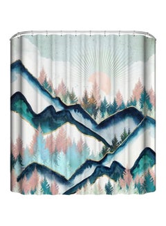 Buy Mountain Printed Shower Curtain With Hooks Blue/White/Pink 165x180cm in Saudi Arabia