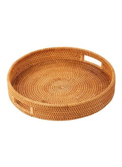 Buy Round Woven Serving Tray with Handles Brown 30cm in UAE