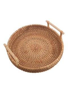Buy Round Woven Serving Tray with Handles Brown 22cm in UAE