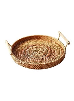 Buy Round Woven Serving Tray with Handles Brown 28cm in UAE