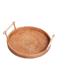 Buy Round Woven Serving Tray with Handles Brown 22 x 22 x 3cm in Saudi Arabia