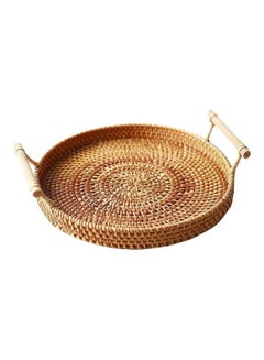 Buy Round Woven Serving Tray with Handles Brown 24cm in UAE