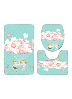 Buy 3-Piece Cartoon Printed Bathroom Mat Set Blue/Pink/Beige Rectangular Mat (75x45), Size Of U Shaped Mat (37.5x45), Size Of Toilet Cover (35x45)cm in Saudi Arabia