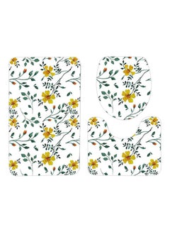 Buy 3-Piece Floral Printed Bath Mat Set White/Yellow/Green in Saudi Arabia