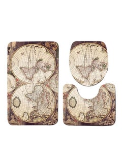 Buy 3-Piece Map Printed Bath Mat Set Beige/Brown/Green Rectangular Mat(75x45), U Shaped Mat(37.5x45), Toilet Cover(35x45)cm in Saudi Arabia