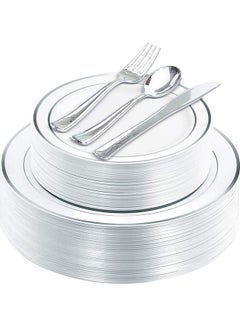 Buy 125-Piece Dinnerware Set White/Silver Plate(Large-10.25,Small-7.5), Knife-7.87, Spoon-6.89, Fork-7.4inch in UAE