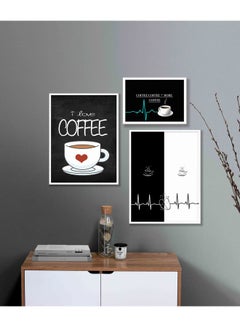 اشتري لوحة فنية بإطار بطبعة رسومات لركن القهوة من 3 قطع أسود/أبيض 67x67x2سم في السعودية