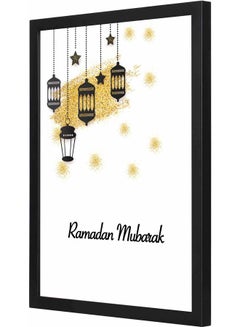 اشتري لوحة فنية بإطار بتصميم بطبعة عبارة "Ramadan Mubarak" أبيض/ذهبي/أسود 33x43سم في السعودية