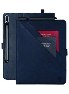 Buy Leather Folio Case With Card Slot And Pocket Wallet For Samsung Galaxy Tab S7 Navy Blue in UAE