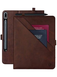 Buy Leather Folio Case With Card Slot And Pocket Wallet For Samsung Galaxy Tab S7 Dark Brown in UAE