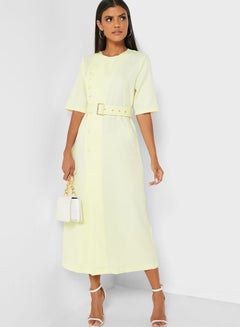 Buy Wrap Front Button Belted Midi Dress White in UAE