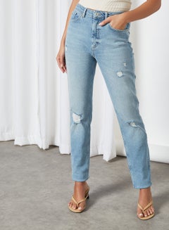 Buy Ripped Mom Jeans Medium Grey Denim in UAE