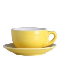 Buy 2-Piece Ceramic Coffee Cup And Saucer Set Yellow/White 9.8x9.8x7cm in UAE