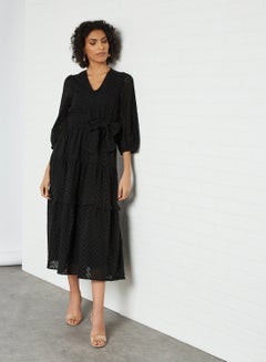 Buy Schiffli Ruffle Detail Dress Black in UAE