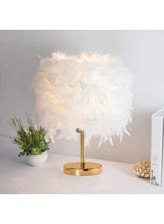 Buy Portable Modern Style Antique Designed Decorative Table Lamp With Feather Lampshade White/Gold 21x28cm in Saudi Arabia