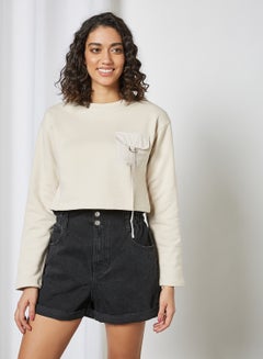 Buy Front Pocket Cropped Sweatshirt Stone in UAE