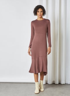 Buy Asymmetrical Hem Midi Dress Dark Brown in UAE