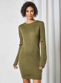 Buy Ribbed Long Sleeve Dress Khaki in UAE