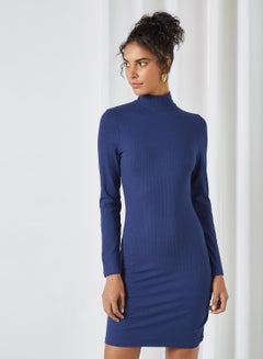 Buy High Neck Ribbed Dress Navy in UAE