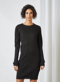 Buy Ribbed Long Sleeve Dress Black in UAE