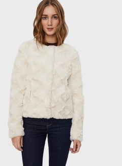 Buy Casual Round Neck Faux Fur Jacket Off White in Saudi Arabia