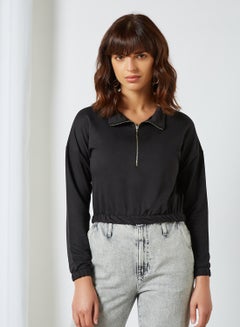 Buy Half-Zip Cropped Sweatshirt Black in UAE